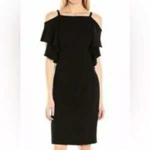Adrianna Papell Black Flutter Sleeve Cold Shoulded Crepe Dress